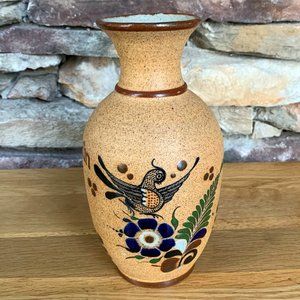 Tonala Netzi Mexican Folk Art Vase  Bird Flower Fern Cancun Mexico Sandstone